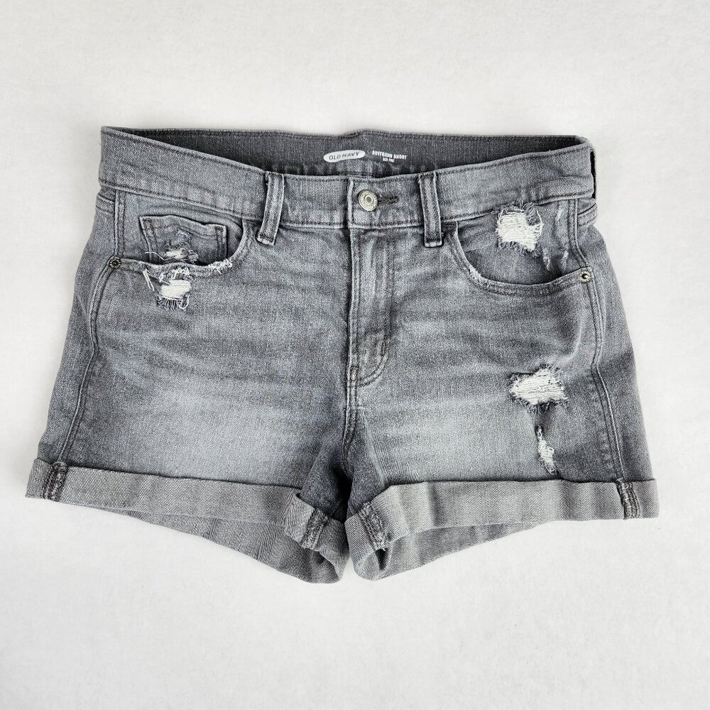 Old Navy Boyfriend Cuffed Cutoff Shorts Mid Rise Size 30" Gray Denim Distressed